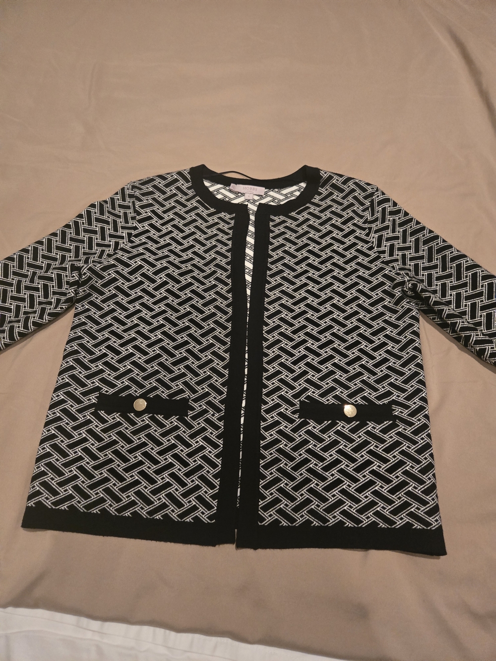 Women's Black & White Patterned Open-Front Blazer Jacket